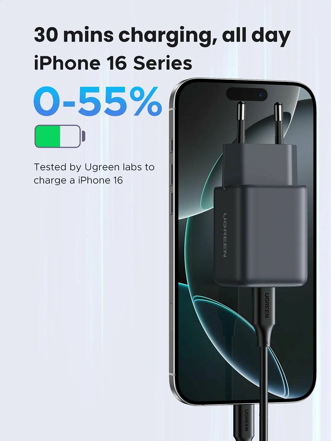 55539 Зарядное устройство UGREEN X516 GaN 30W 1xUSB-A, 1xUSB-C. Цвет: серый